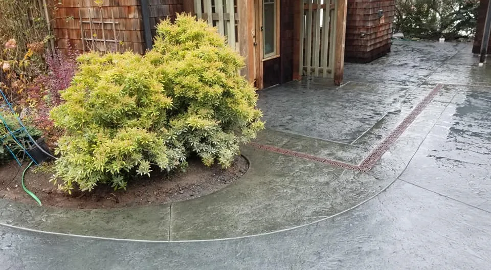 Colored concrete patio border beside a planting bed