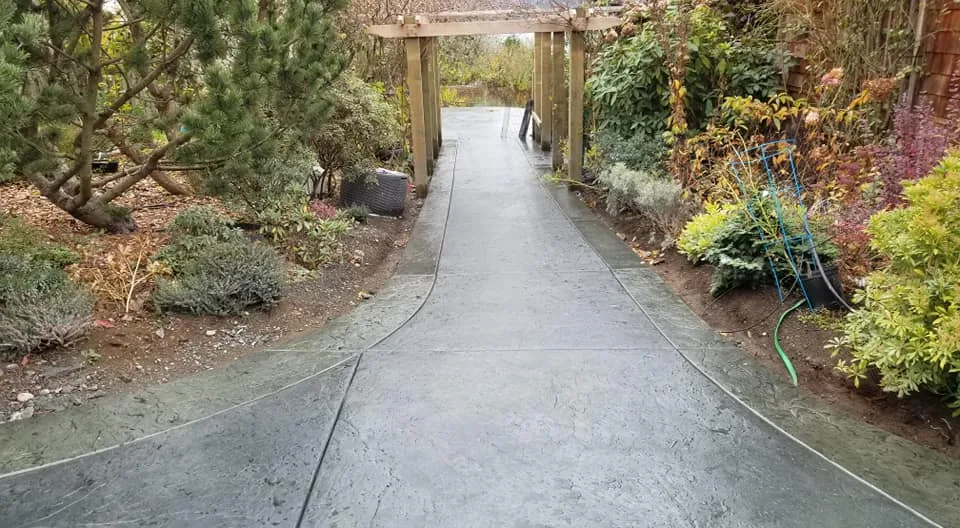Concrete walkway curving through a garden