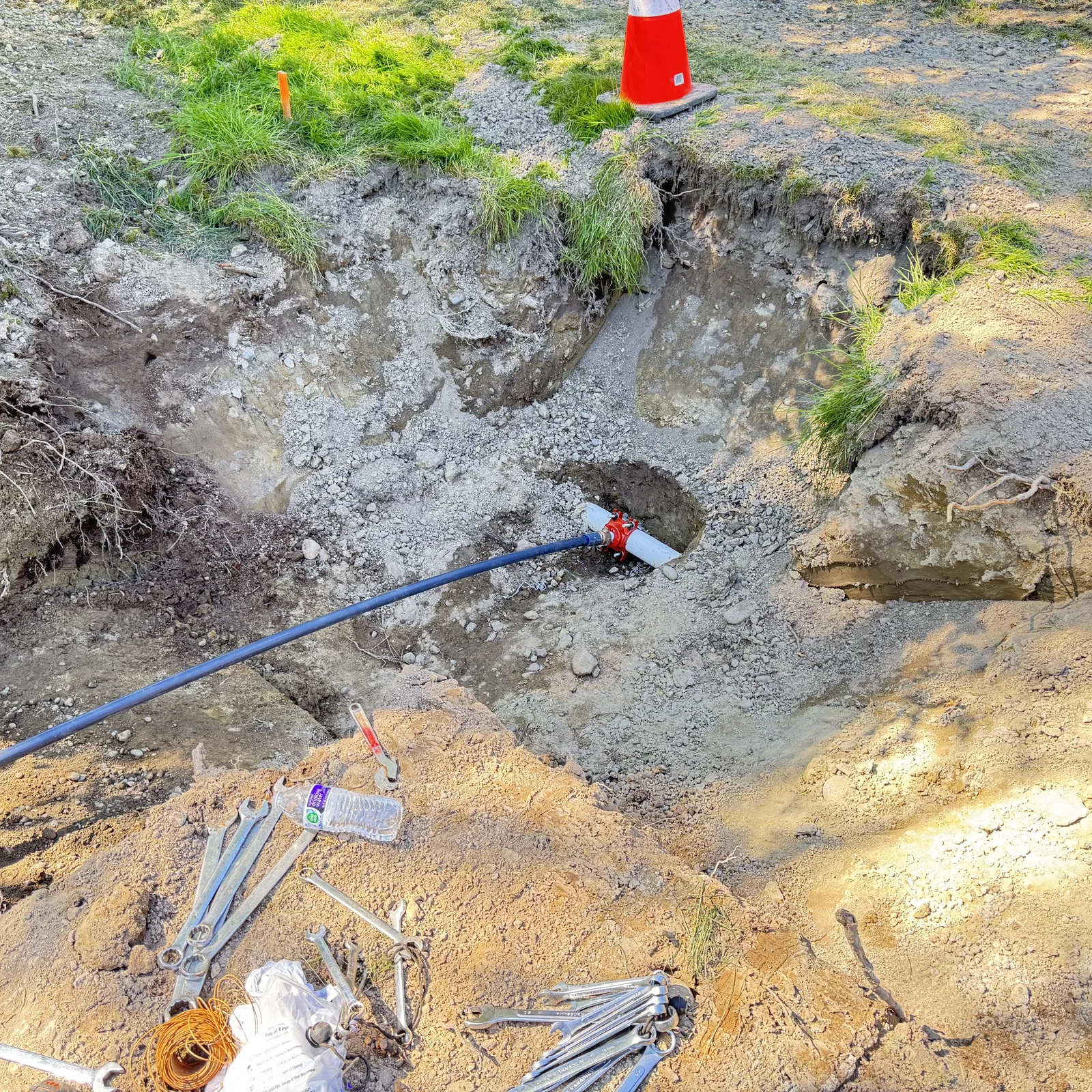 Drainage excavation with new pipe laid in the trench