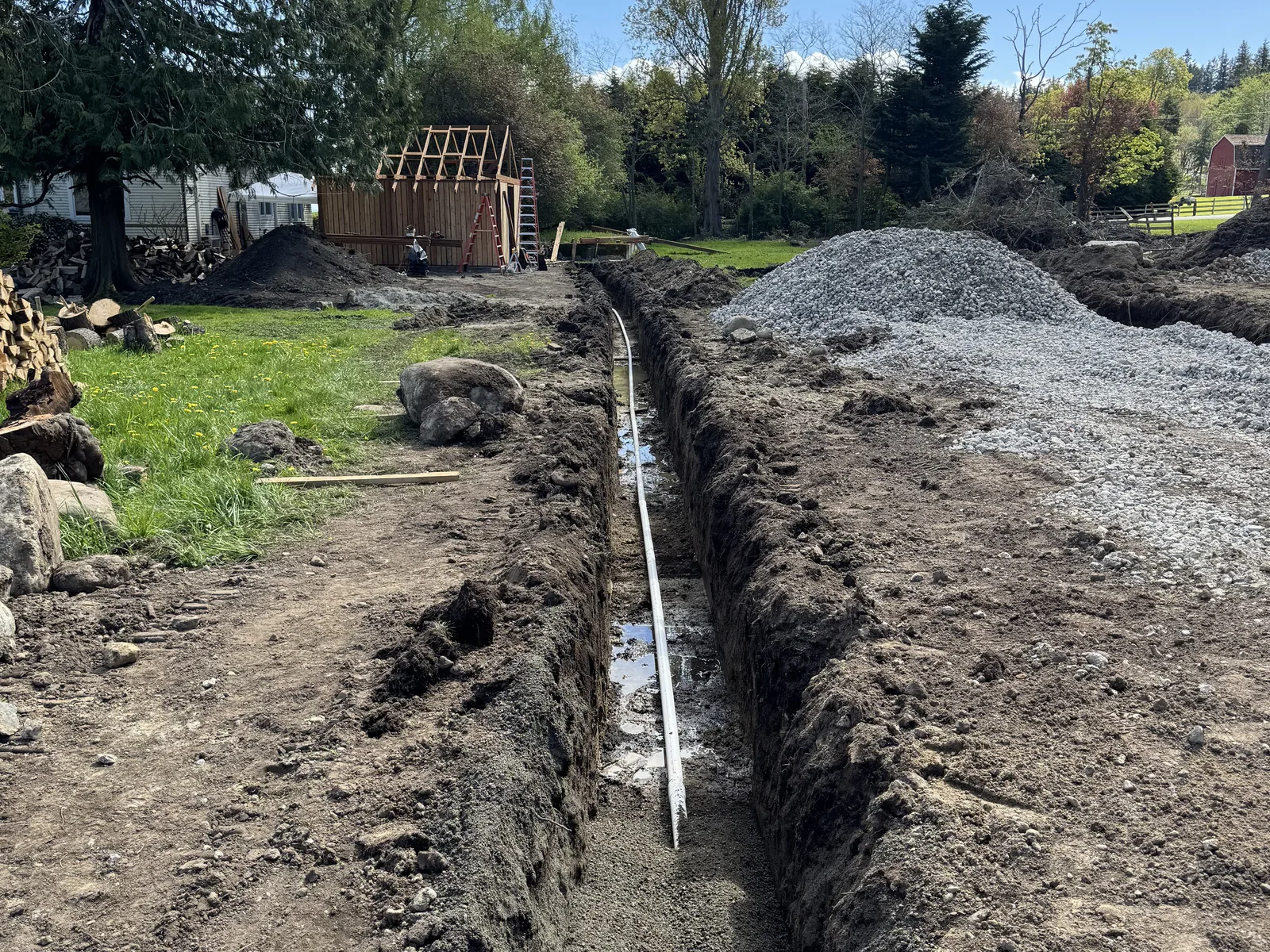 Utility trench excavated across a lot with pipe laid in